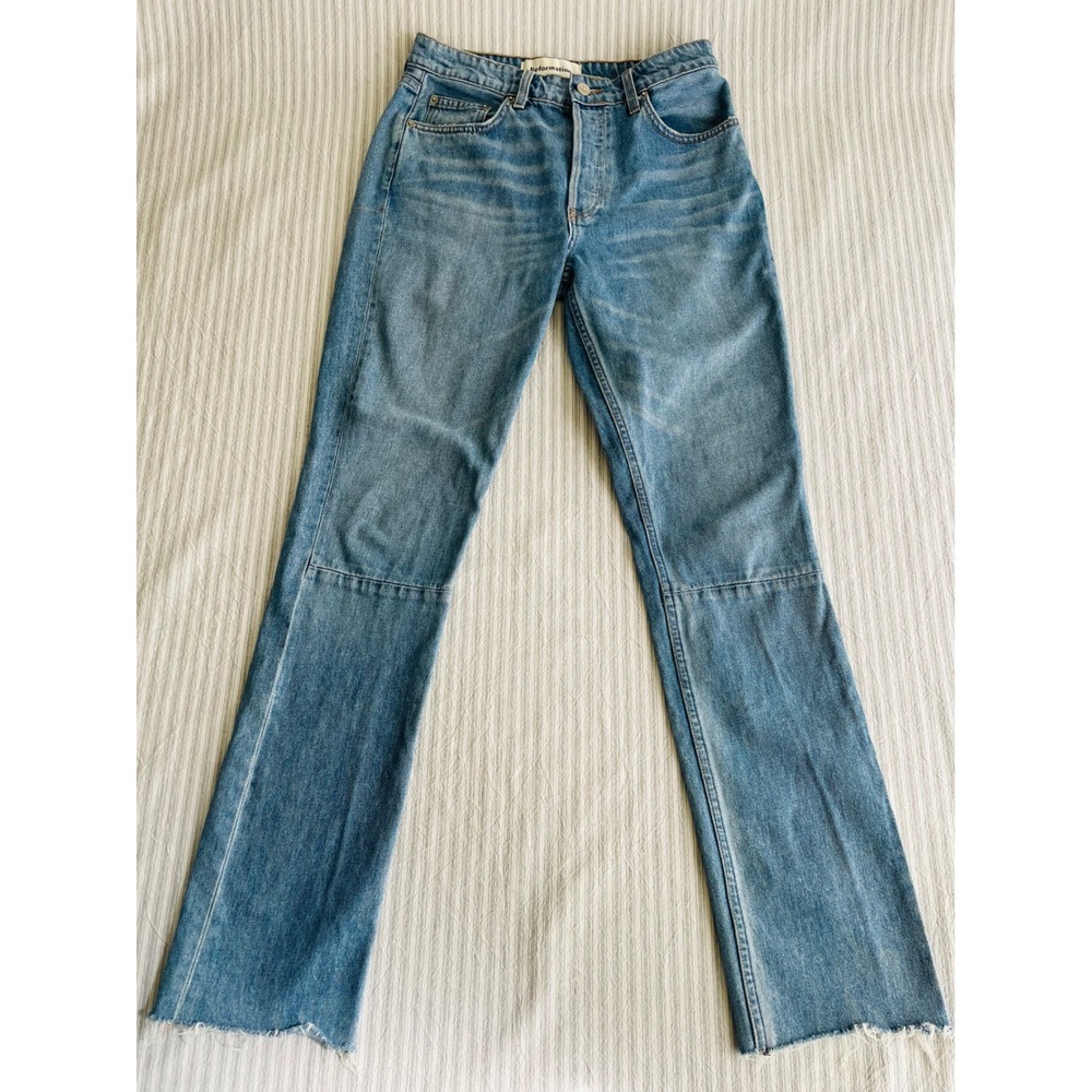 Reformation Straight & Long Jeans Aegean Wash Blue High Rise Raw Hem 27